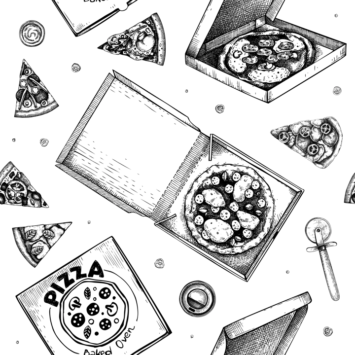 Pizza in paper box hand-drawn vector illustration. Fast food background. Takeaway food, delivery service. Italian cuisine seamless pattern
